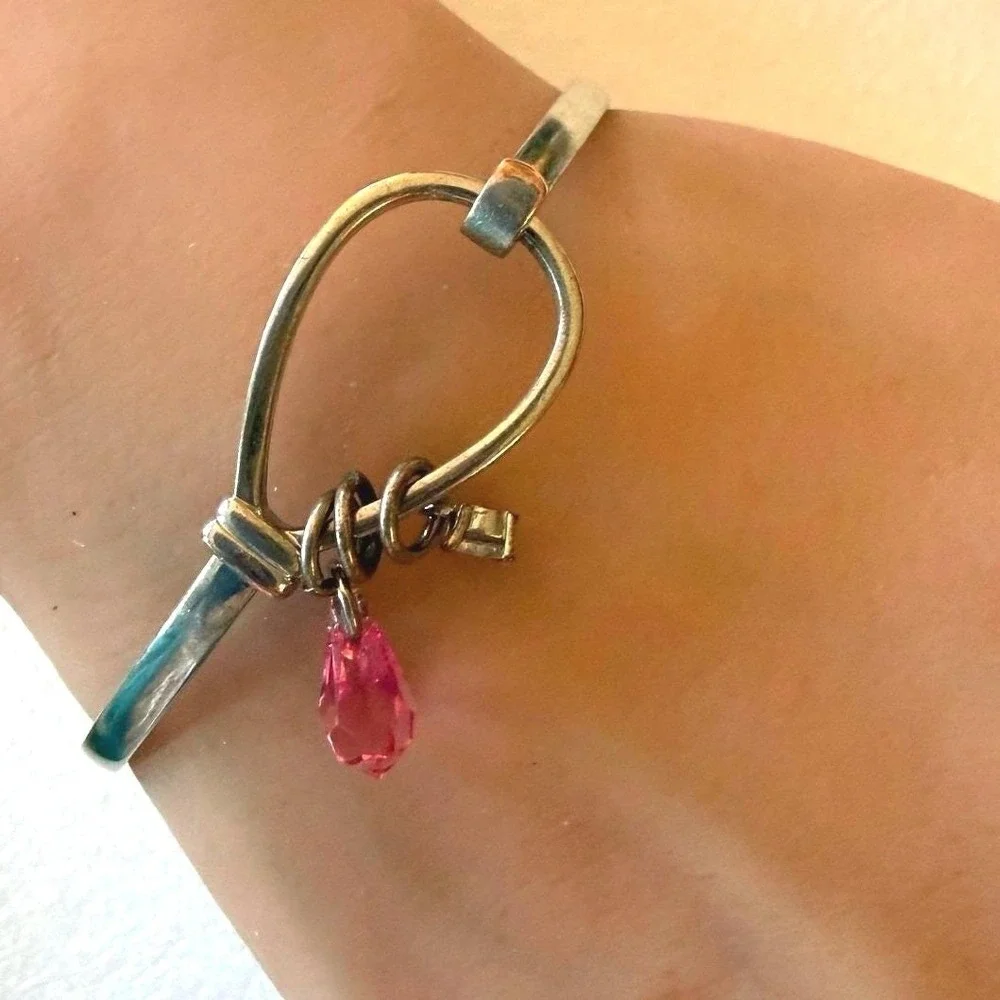 Carolina Herrera 925 Sterling Silver‎ Charm Bangle Bracelet Pink Crystal Drop
